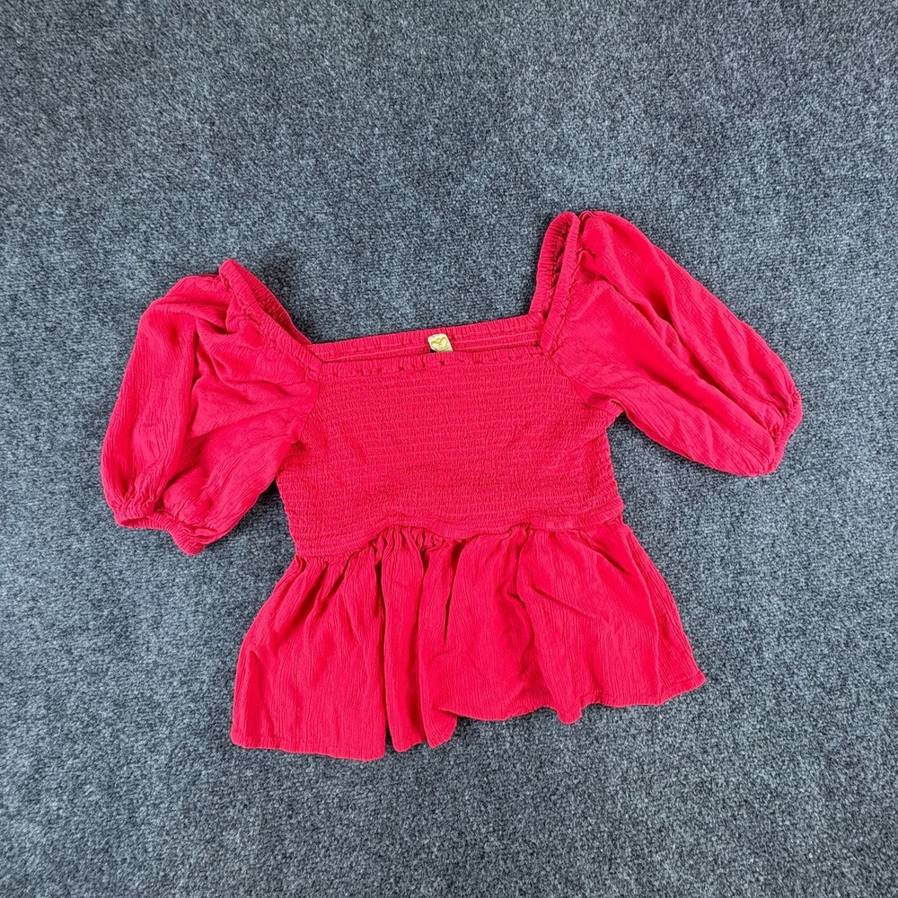 Dizzy Love Blouse Top Womens Small Hot Pink Smocked Front Puff Sleeve Peplum Hem